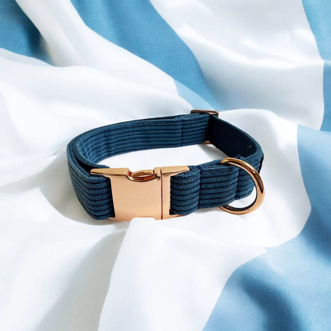 Blue Corduroy Dog Collar and Leash Set with Rose Gold Tone Hardware