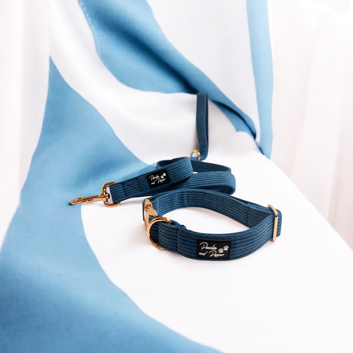 Blue Corduroy Dog Collar and Leash Set with Rose Gold Tone Hardware