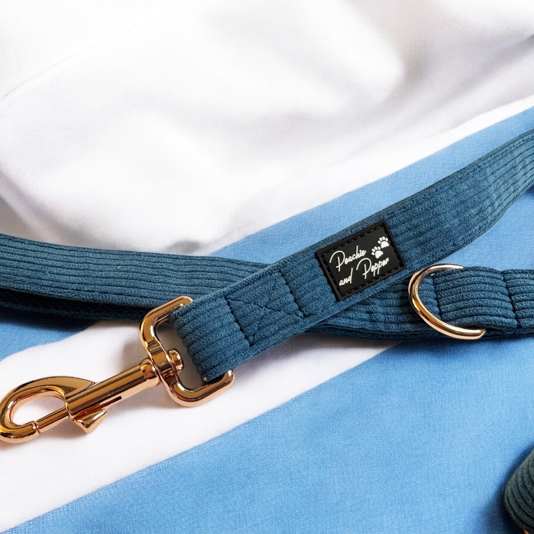 Blue Corduroy Dog Collar and Leash Set with Rose Gold Tone Hardware