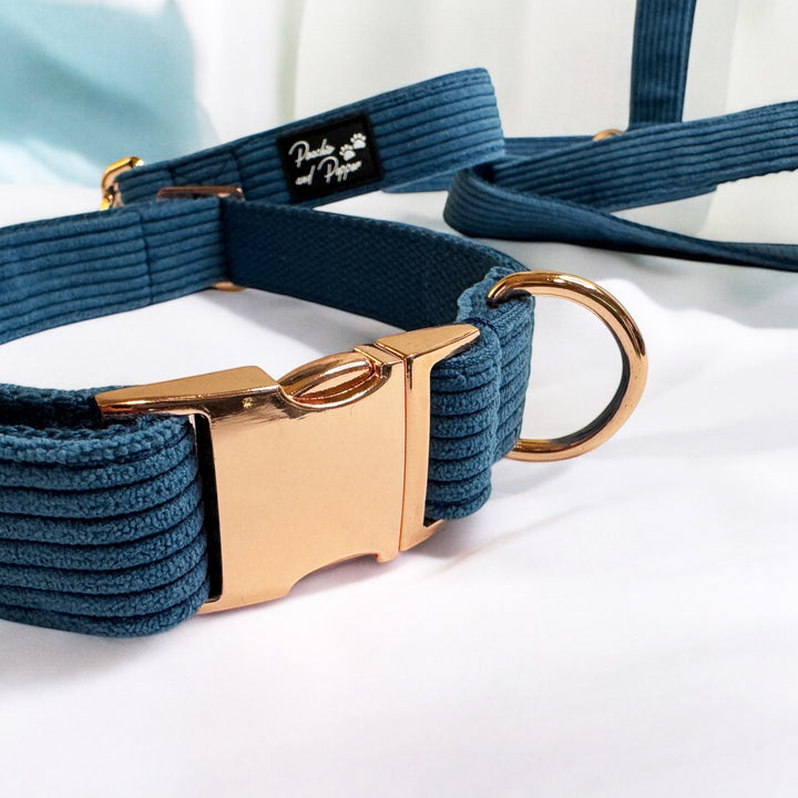 Blue Corduroy Dog Collar and Leash Set with Rose Gold Tone Hardware