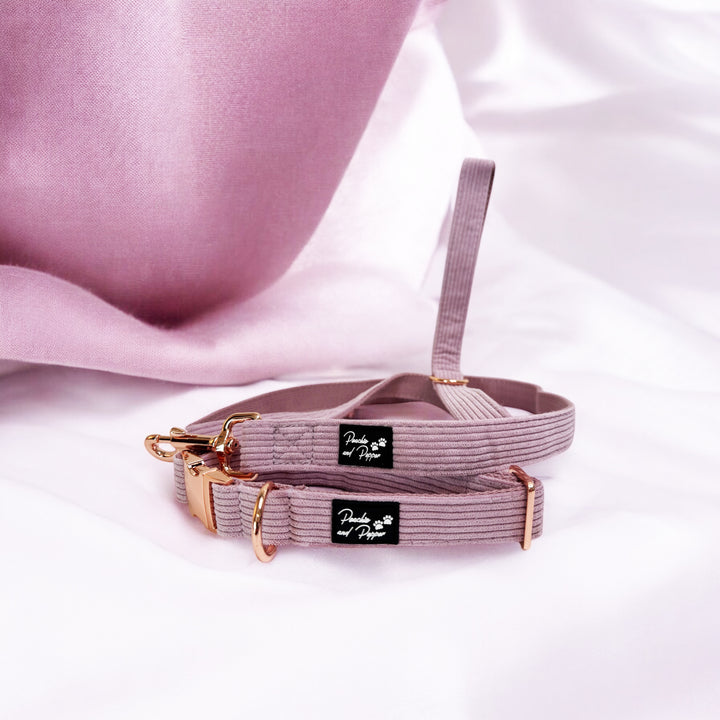 Pink Corduroy Dog Collar and Leash Set with Rose Gold Tone Hardware