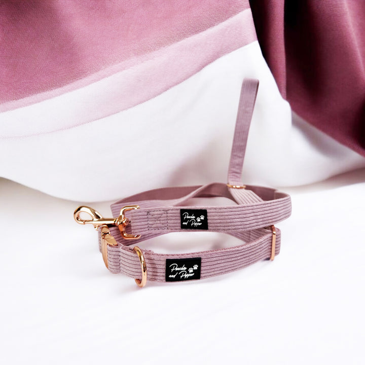 Pink Corduroy Dog Collar and Leash Set with Rose Gold Tone Hardware