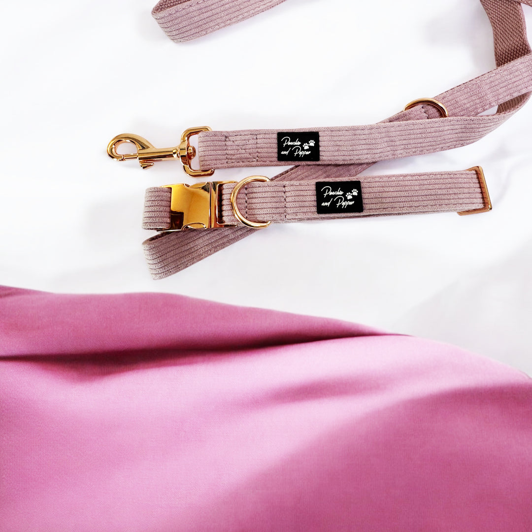 Pink Corduroy Dog Collar and Leash Set with Rose Gold Tone Hardware